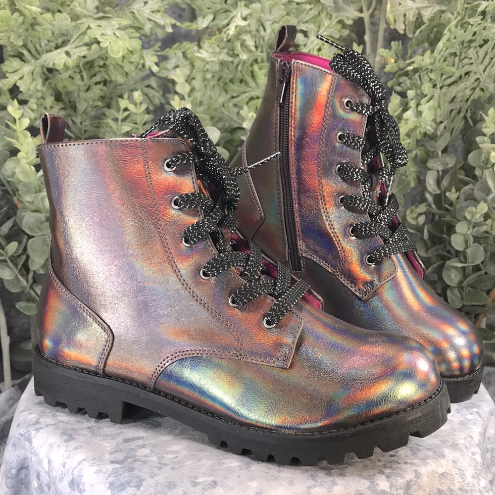 Brash Jet Fashion Lug Boots Iridescent Bronze Zip & Laces Combo Girls 5 NWT&NIB